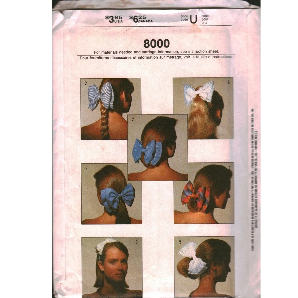 Simplicity 8000 Vintage Sewing Pattern Hair Accessories Bows Barrettes‎ One Size